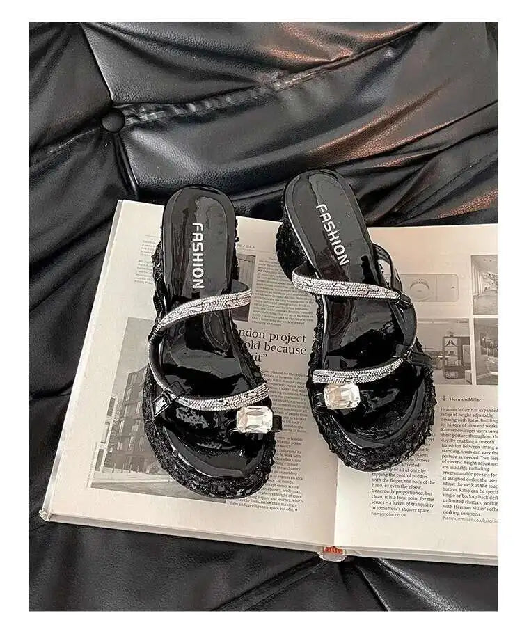 Women's Wedge Sandals Thick-soled Flip-flops Shiny Sequined Ladeis High Heels Rhinestone Home Outdoors Slippers