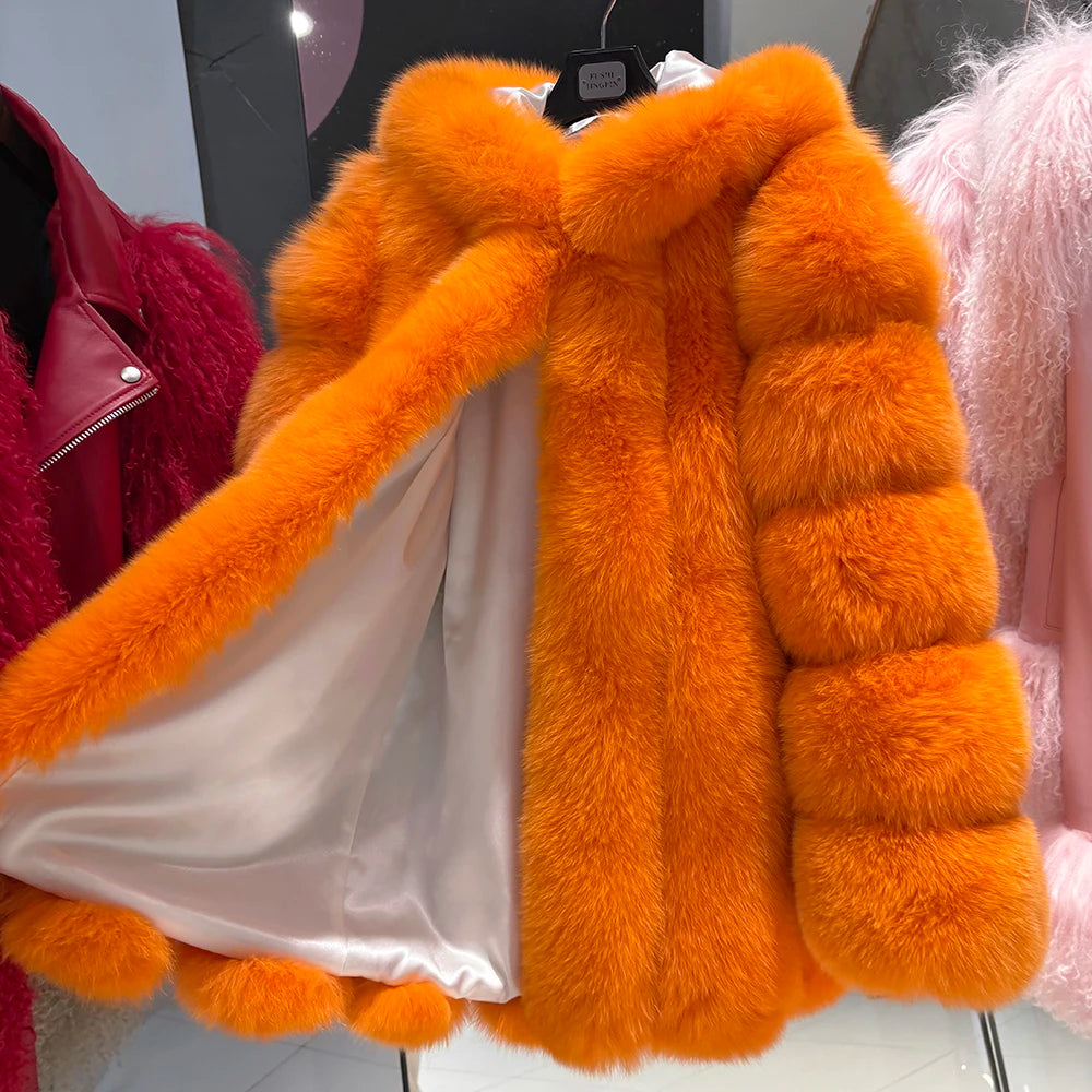 YOLOAgain Hooded Real Fox Fur Jacket Women 2025 Winter Warm Natural Fox Fur Coat Female