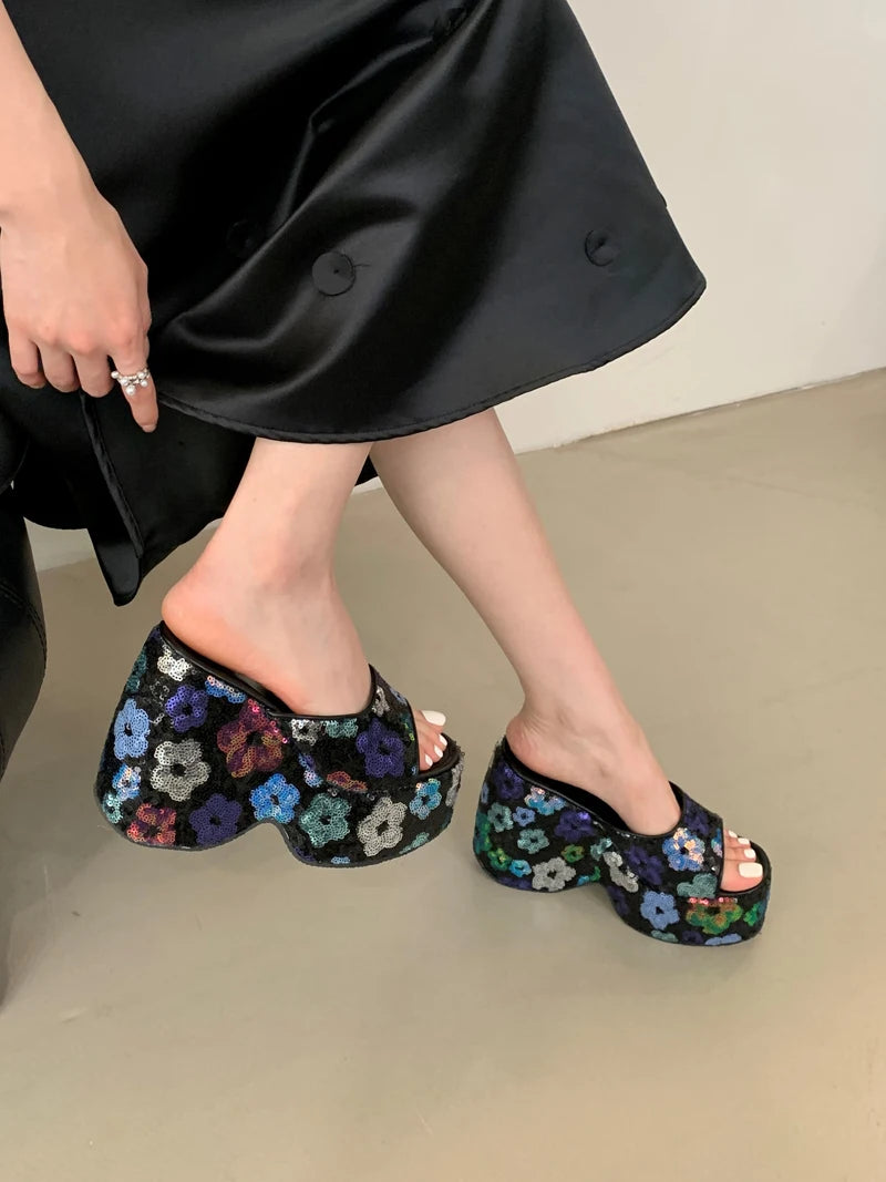13cm Black Wedge Sandals Women Pink Flower Print Platform High Heels Slippers Summer Ladies Shoes Silver 13CM Heeled Sandals