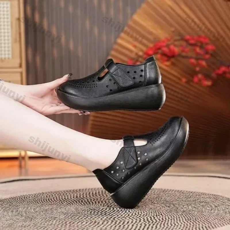 Women's Wedge Casual Shoes 2026 Summer New Non Slip Breathable Platform Hollow Sandals Fashion Comfortable Flat Shoes