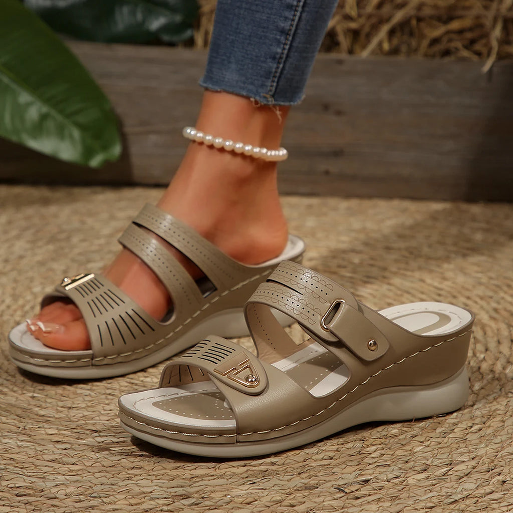 Women's Wedge Sandals Perforated Design with Metal Buckle Accent Comfort Cushioned Insole Non-Slip Sole Summer Casual Daily Wear