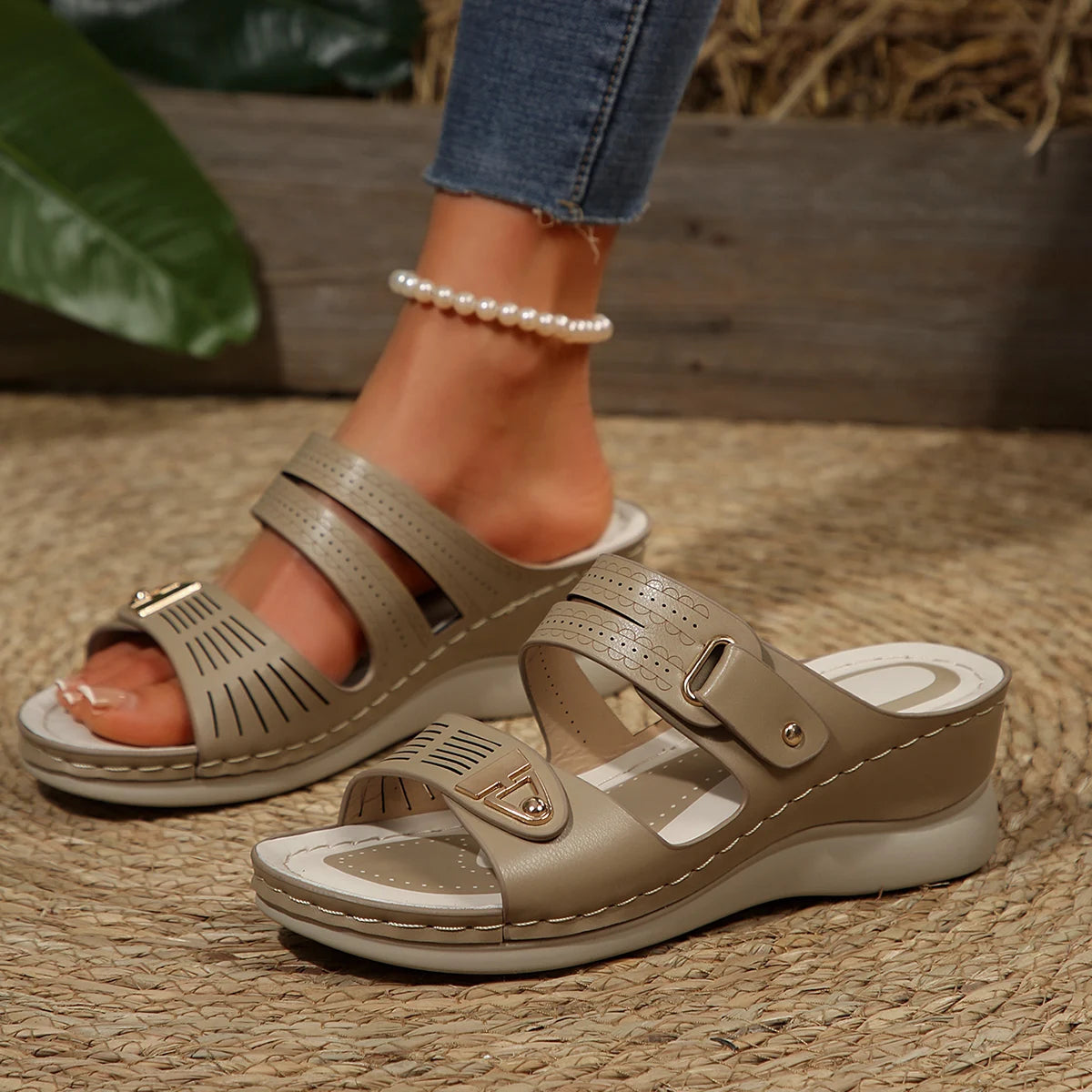 Women's Wedge Sandals Perforated Design with Metal Buckle Accent Comfort Cushioned Insole Non-Slip Sole Summer Casual Daily Wear
