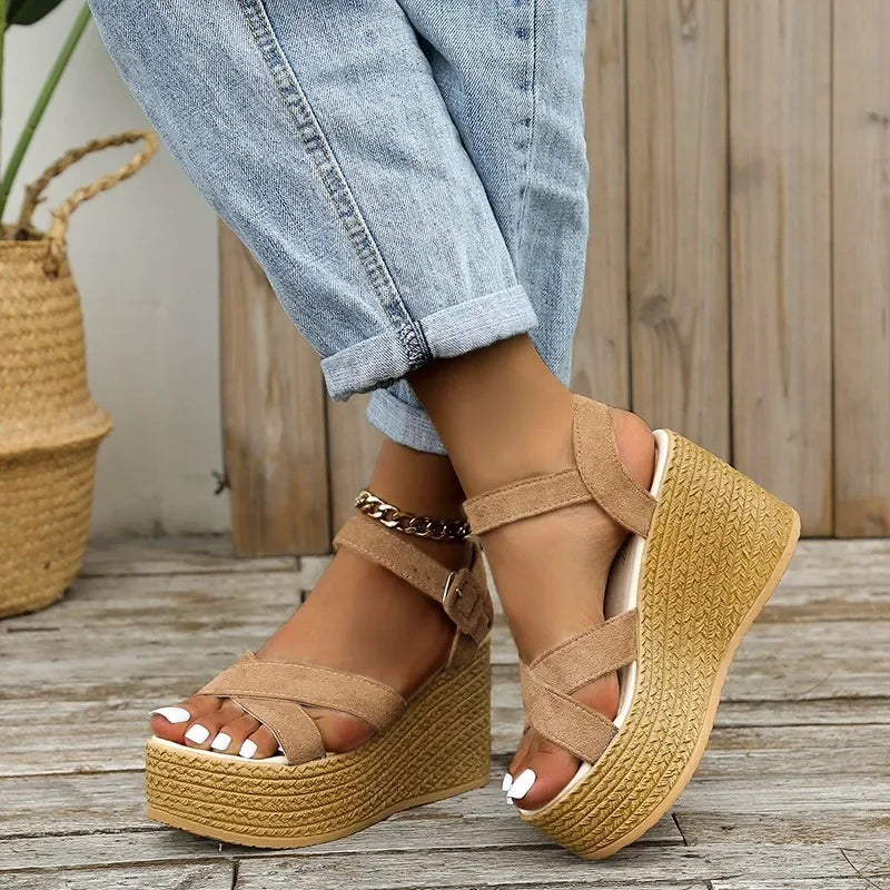 Fashion Wedge Sandals for Women Summer 2025 New Casual Non-slip Peep Toe Platform Shoes Rubber Sole Buckle Elegant Heels Women