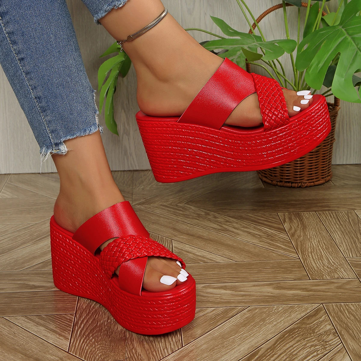 Summer Women's Slippers Wedge Heels High Female Fish Mouth Shoes Thick Bottom Outdoors Sweet Bow Suede Girls Schoolgirl Slides