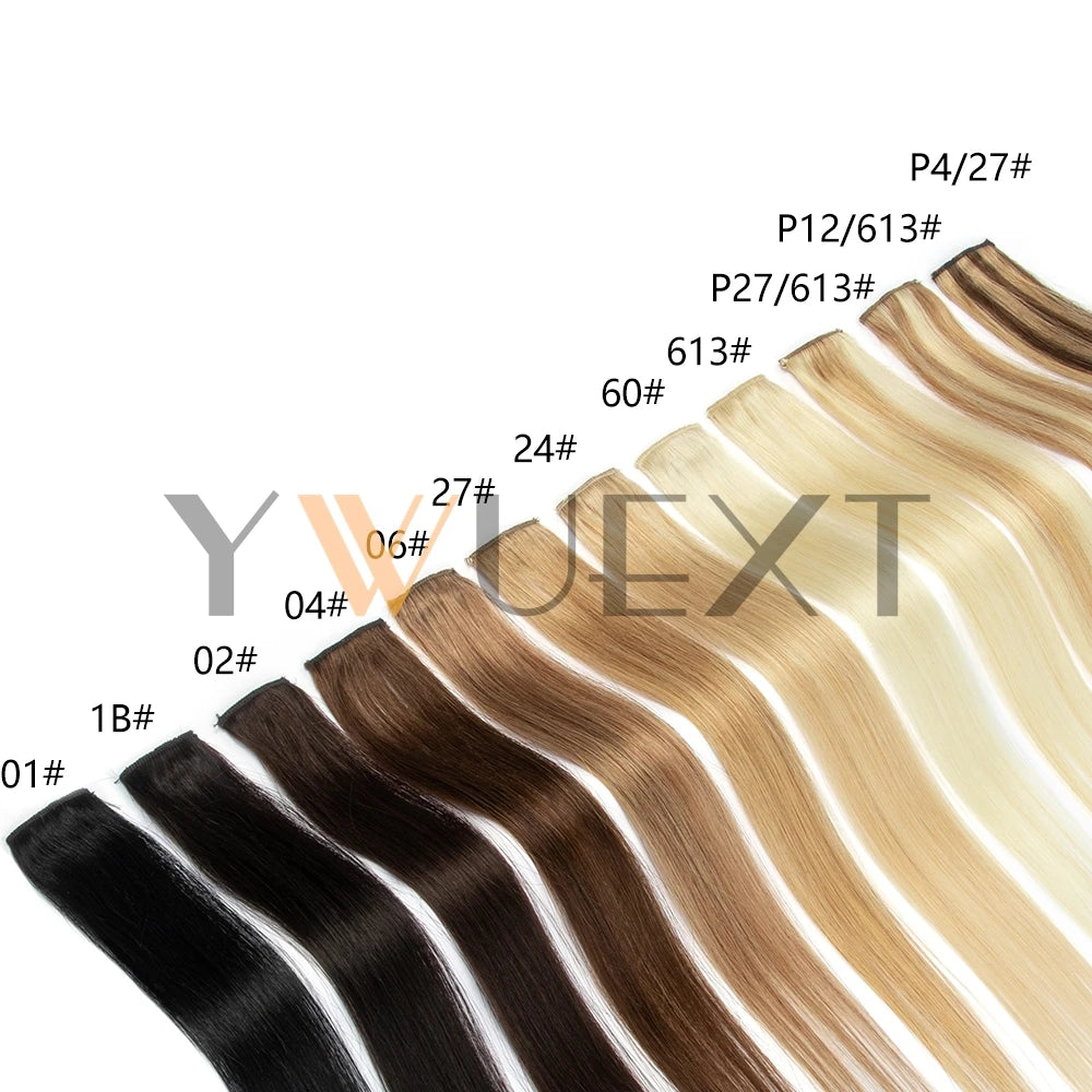 YWUEXT 6PCS Mini Clip in Human Hair Pad 1clip on Machine Weft Hair Extensions 12"-16" Natural Straight Clip Hair Piece 30g/pack