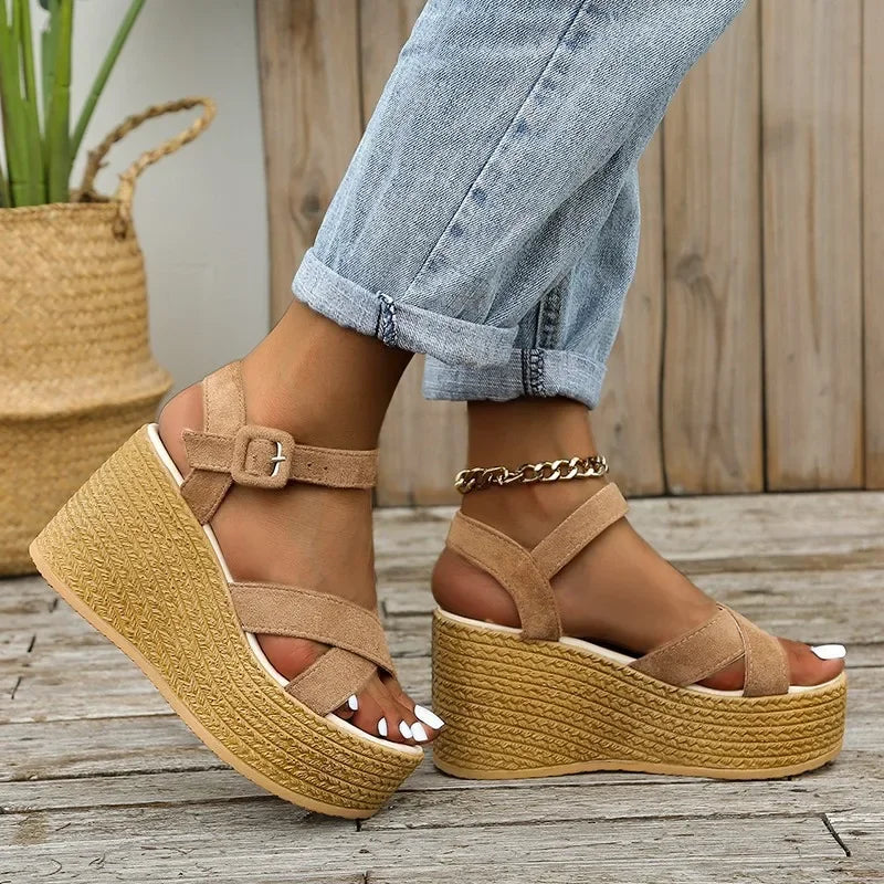 Fashion Wedge Sandals for Women Summer 2025 New Casual Non-slip Peep Toe Platform Shoes Rubber Sole Buckle Elegant Heels Women