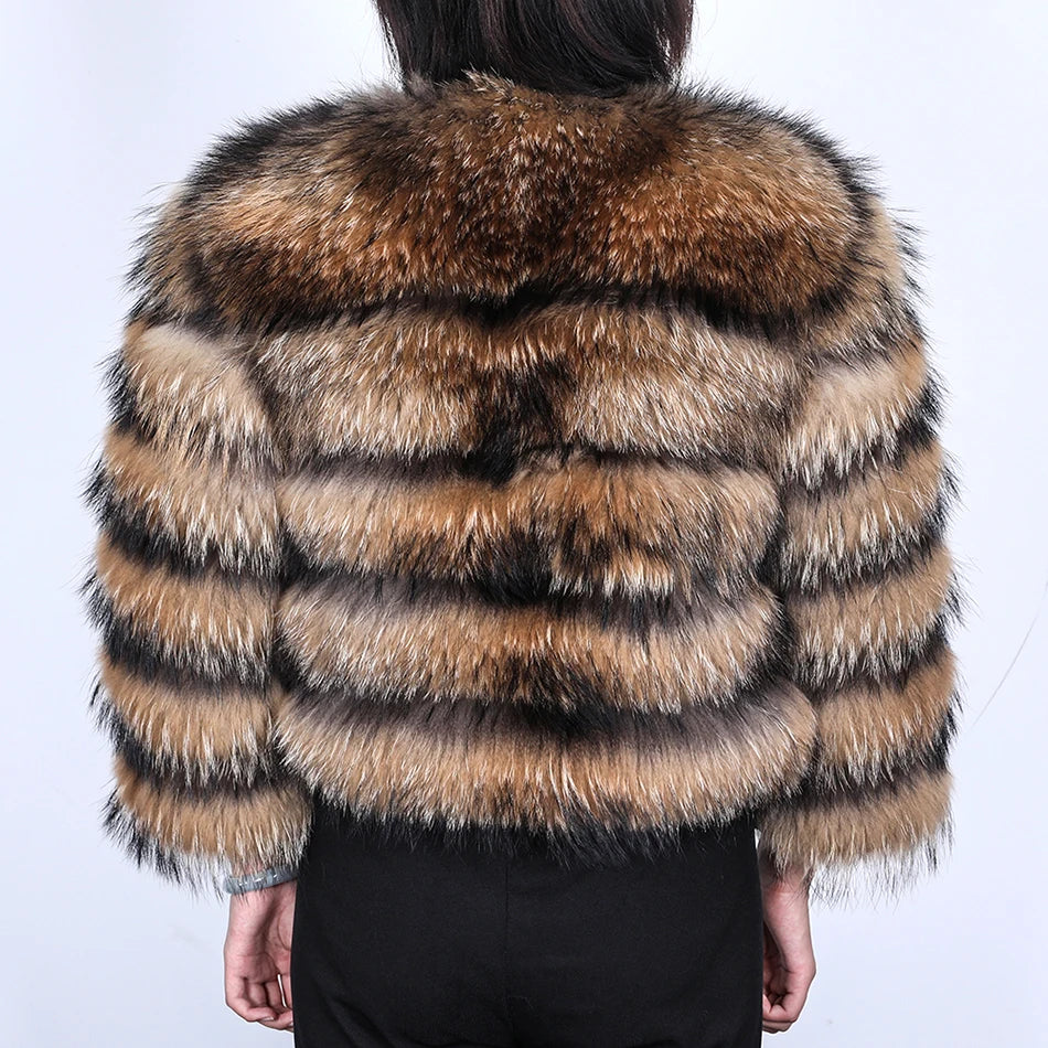 Winter Real Fur Women Raccoon Natural Fur Coat Silver Fox Long Vest Warm Luxury Jacket Parkas With Leather Fur Clothe For Female