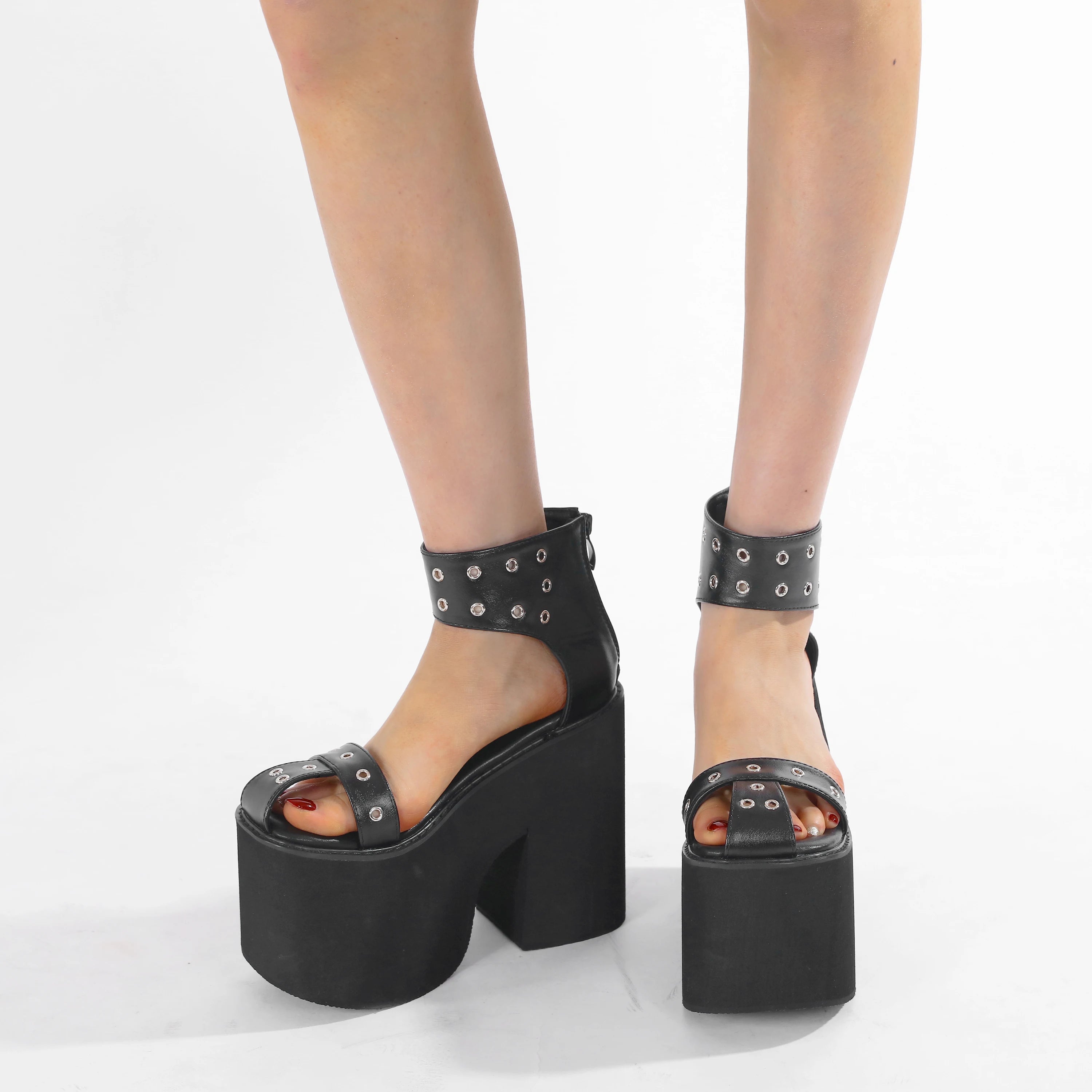Gdgydh Summer Wide Fit Heeled Sandals Women Metal Rivet Punk Wedge Heels Platform Sandals Ankle Strap Ladies Cosplay Shoes