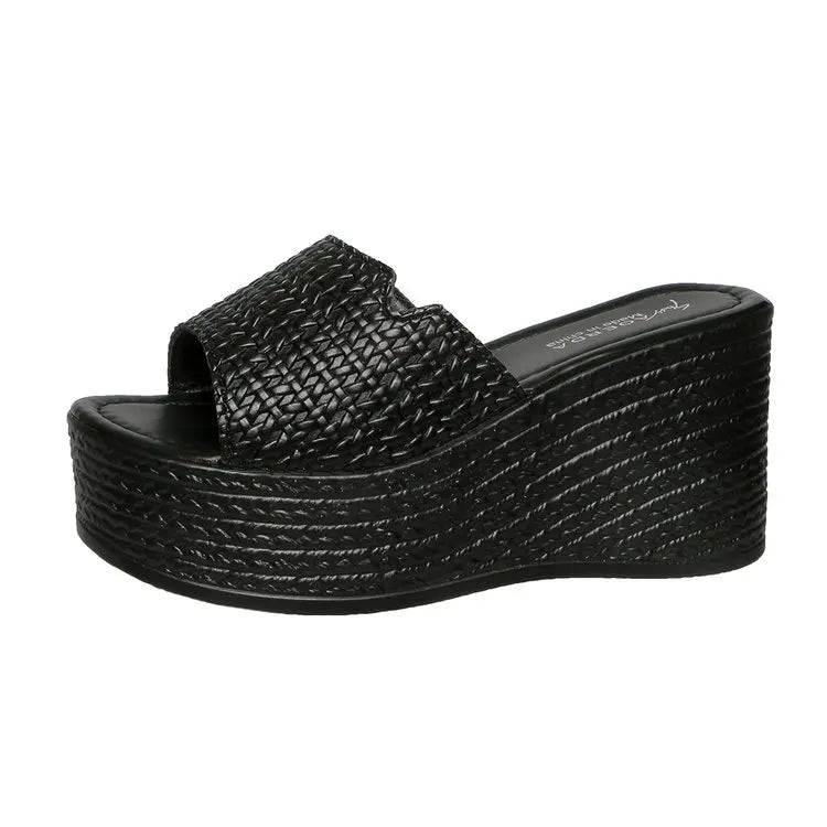 Hot Sale 9cm Wedge Heel Slippers for Women 2026 New Gold Black Woven Platform Slides Non-Slip Casual Beach Sandals Size 35-43