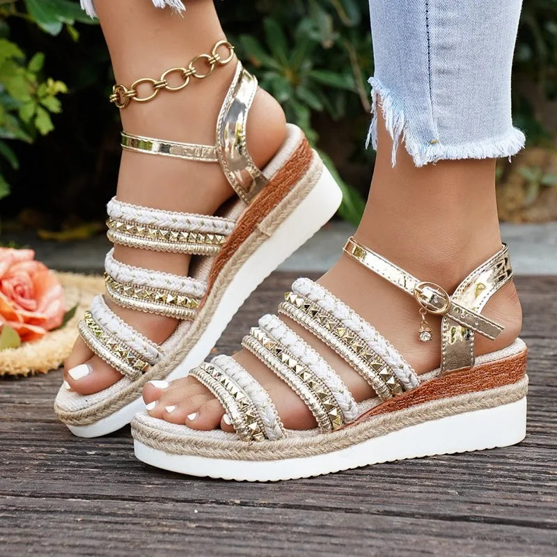 Women's Sandals Fashion Wedge Platform Sandals Luxury Golden Leather Sandals for Women Casual Beach Shoes Sandalias De Mujer