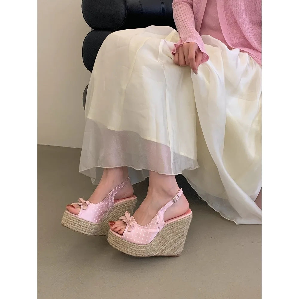 Aneikeh Summer Thick Soled Grass Woven High Heels Casual Retro Roman Sandals Polka Butterfly-kont Wedge Platform Woman Sandals