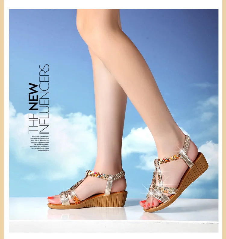 Shoes for Women Summer Women Wedge Bohemia Rhinestones Casual Platform Sandals Female Peep Toe Outdoor Beach Shoes 34-43
