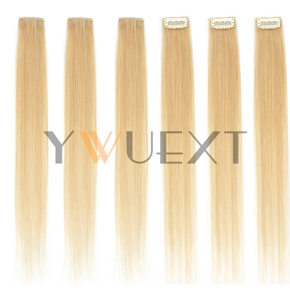 YWUEXT 6PCS Mini Clip in Human Hair Pad 1clip on Machine Weft Hair Extensions 12"-16" Natural Straight Clip Hair Piece 30g/pack