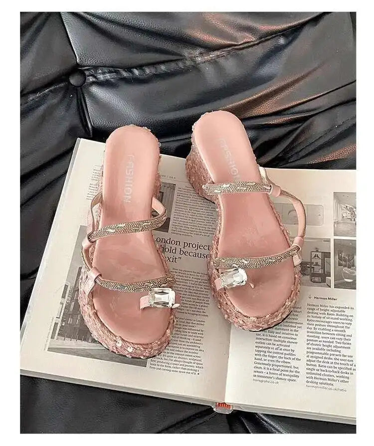 Women's Wedge Sandals Thick-soled Flip-flops Shiny Sequined Ladeis High Heels Rhinestone Home Outdoors Slippers