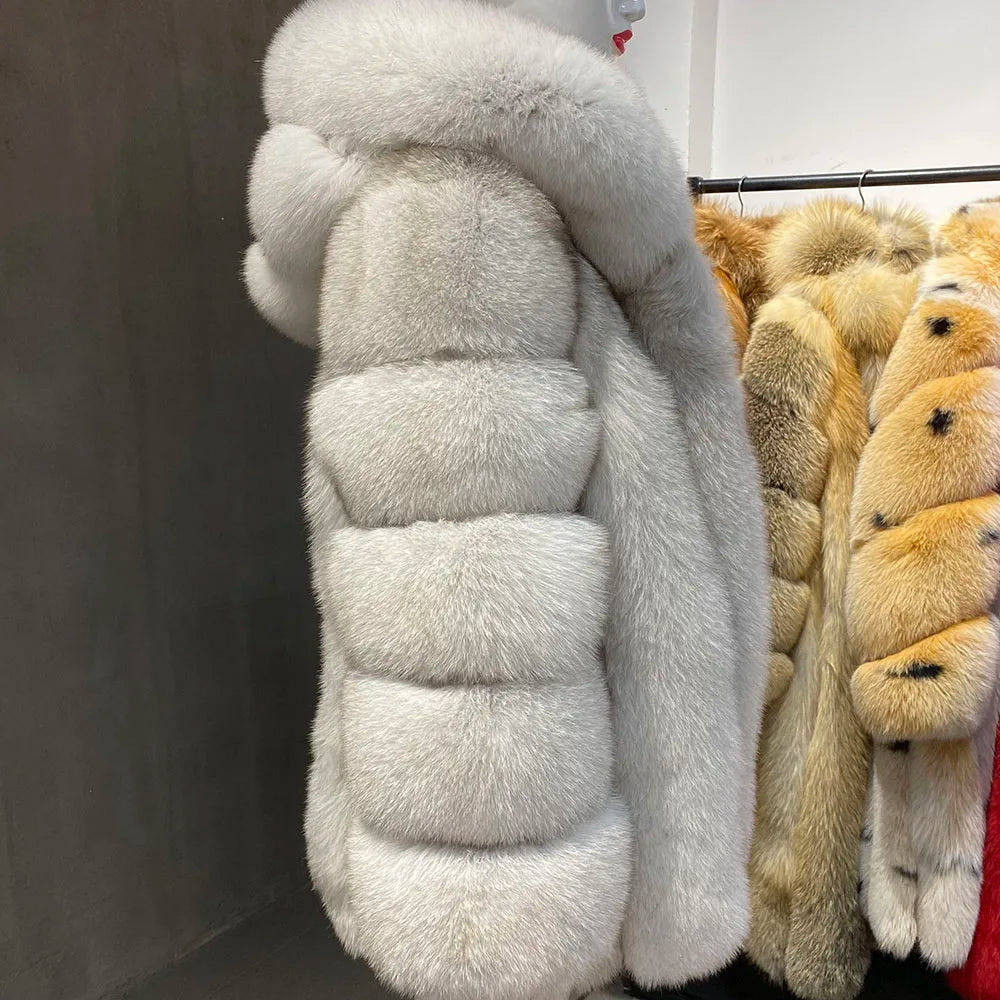 YOLOAgain Hooded Real Fox Fur Jacket Women 2025 Winter Warm Natural Fox Fur Coat Female