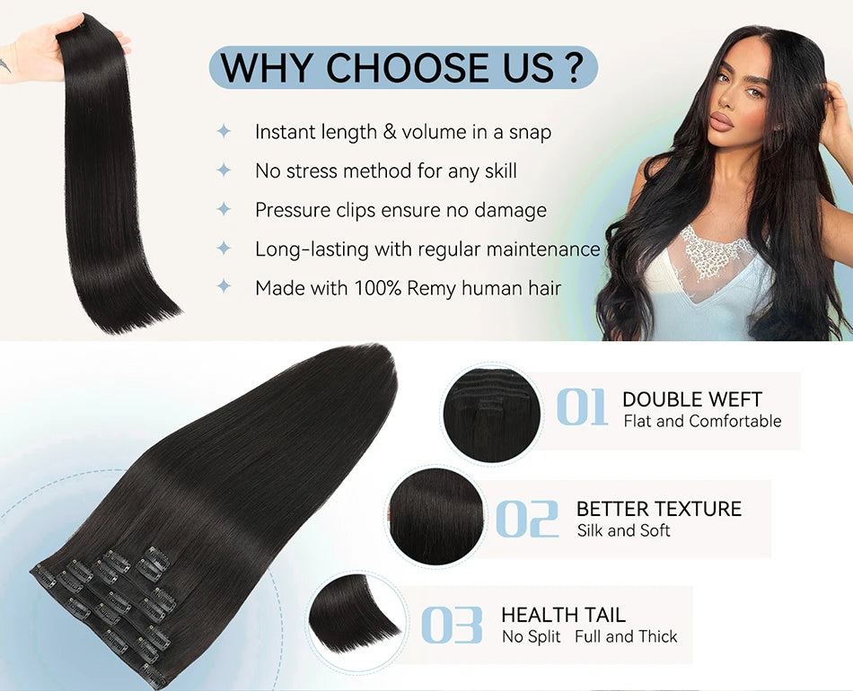120g Double Drawn Clip in Human Hair Extensions with Thick Ends, Remy Hair Cuticle-Aligned No Tangle, 12+ Month with Proper Care