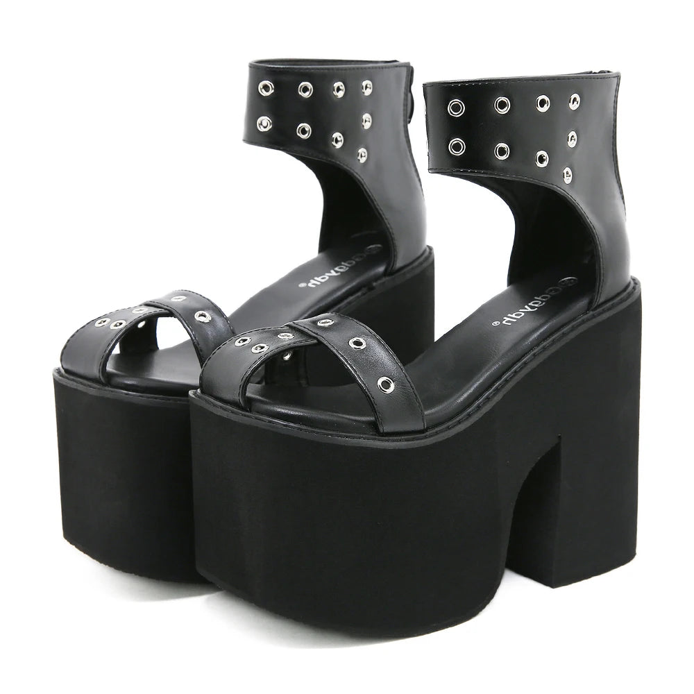 Gdgydh Summer Wide Fit Heeled Sandals Women Metal Rivet Punk Wedge Heels Platform Sandals Ankle Strap Ladies Cosplay Shoes