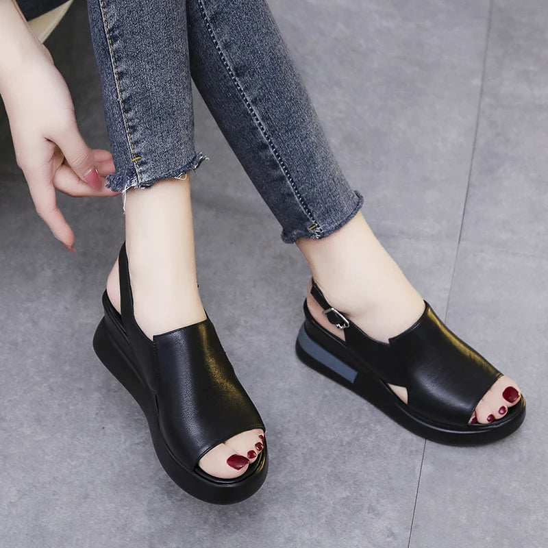 Summer Wedge Shoes for Women Sandals Solid Color Open Toe High Heels Casual Ladies Buckle Strap Fashion Female Sandalias Mujer