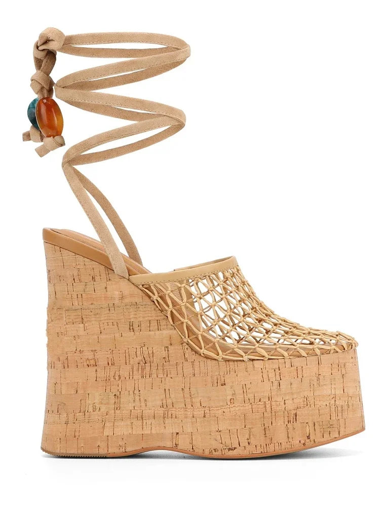 Highquality Wooden Patterned Wedge Heelwith Thicksole Andexposed Toebuckle Strap Sandals Forwomen's Banquets InEurope AndAmerica