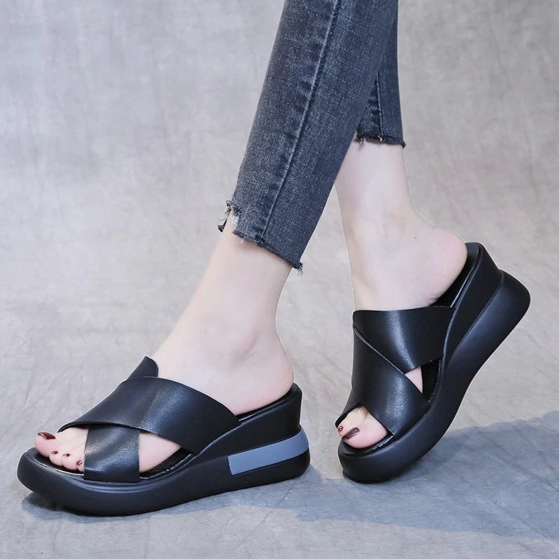 Summer Wedge Shoes for Women Sandals Solid Color Open Toe High Heels Casual Ladies Buckle Strap Fashion Female Sandalias Mujer