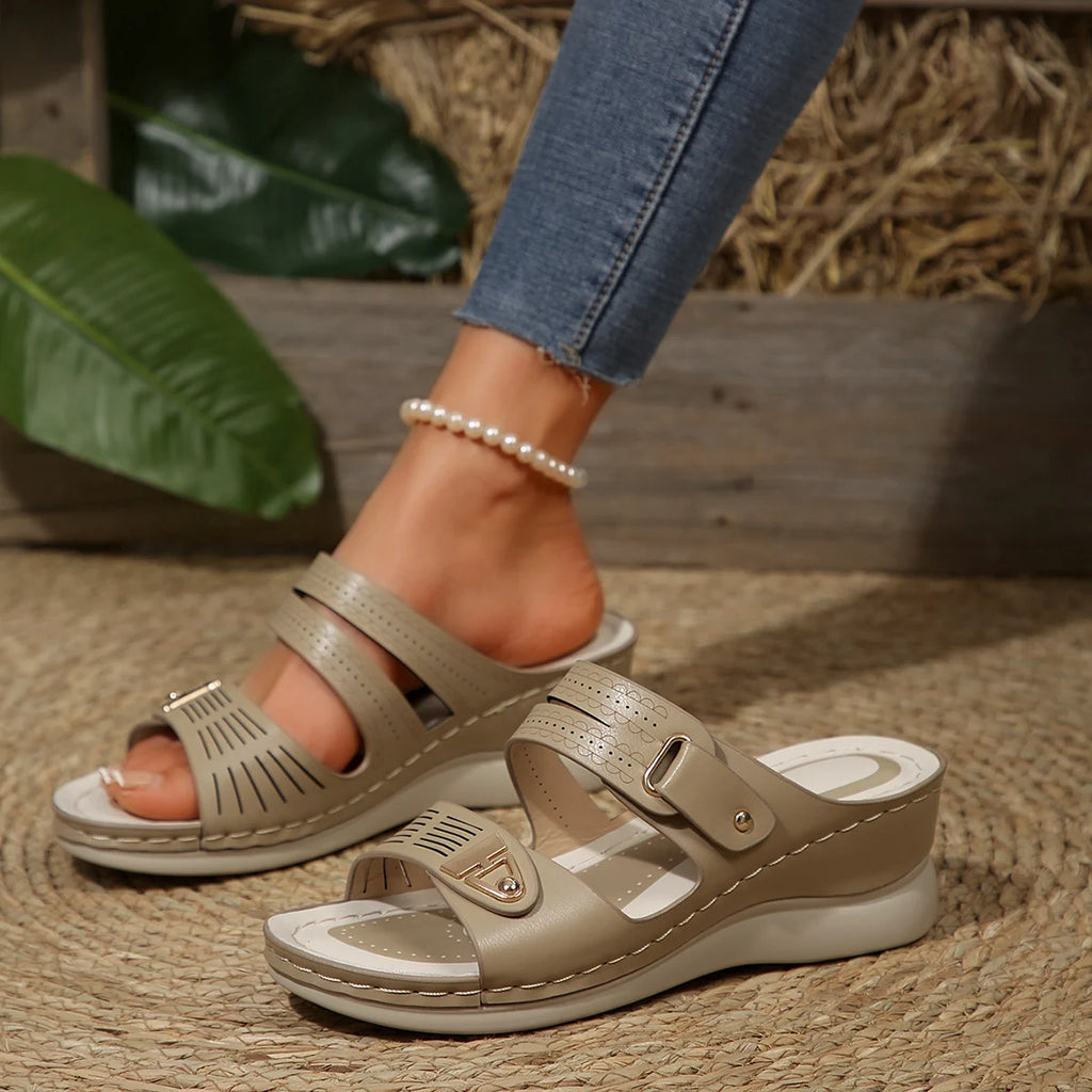 Women's Wedge Sandals Perforated Design with Metal Buckle Accent Comfort Cushioned Insole Non-Slip Sole Summer Casual Daily Wear