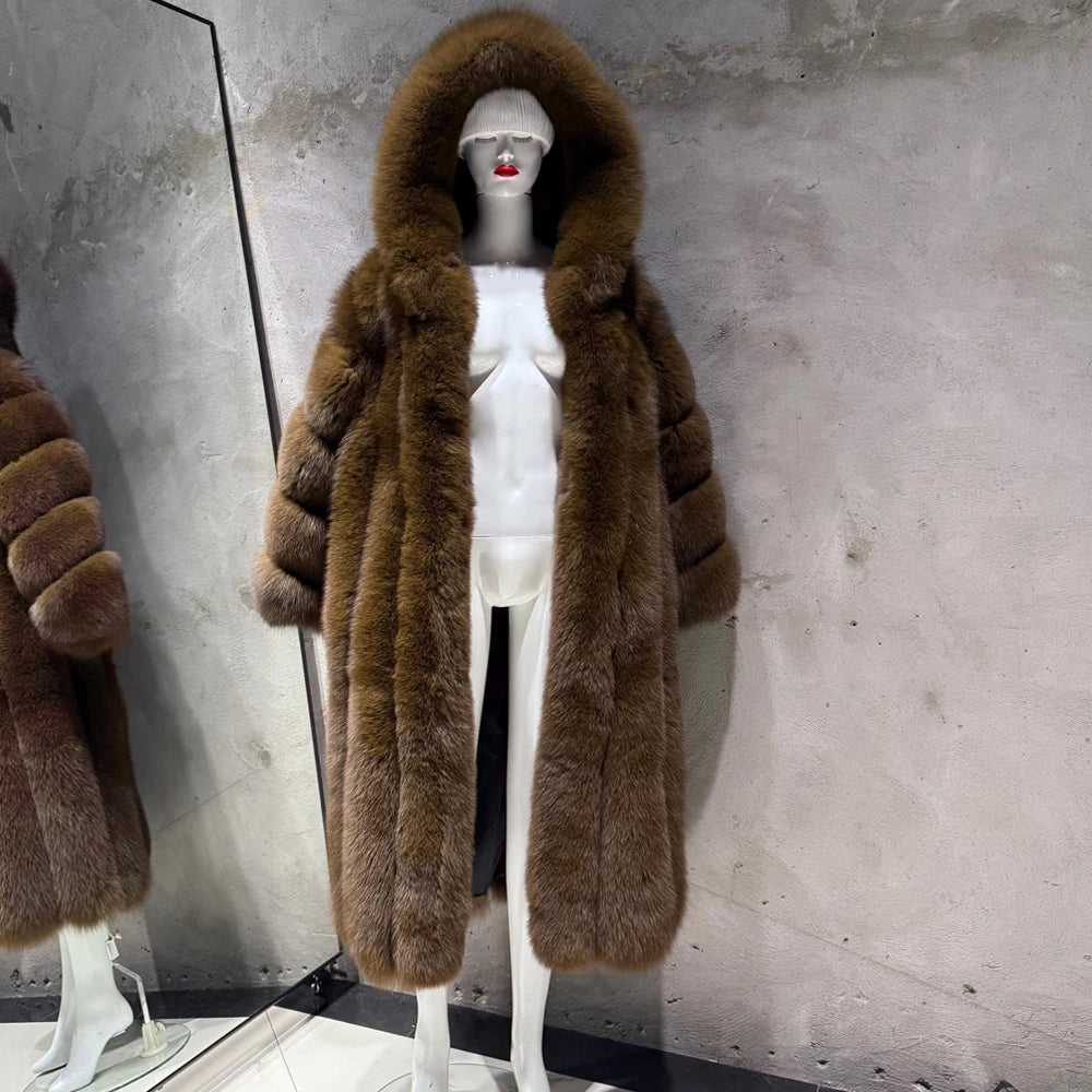 #GO BALLISTIC YA Long Ladies Fur Coat Hooded Women's Fur Outwear 22-06