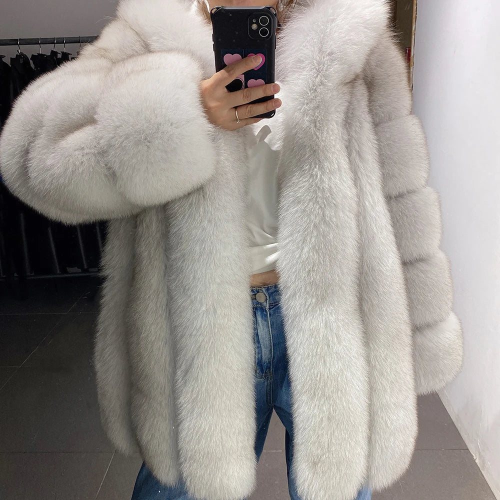 YOLOAgain Hooded Real Fox Fur Jacket Women 2025 Winter Warm Natural Fox Fur Coat Female