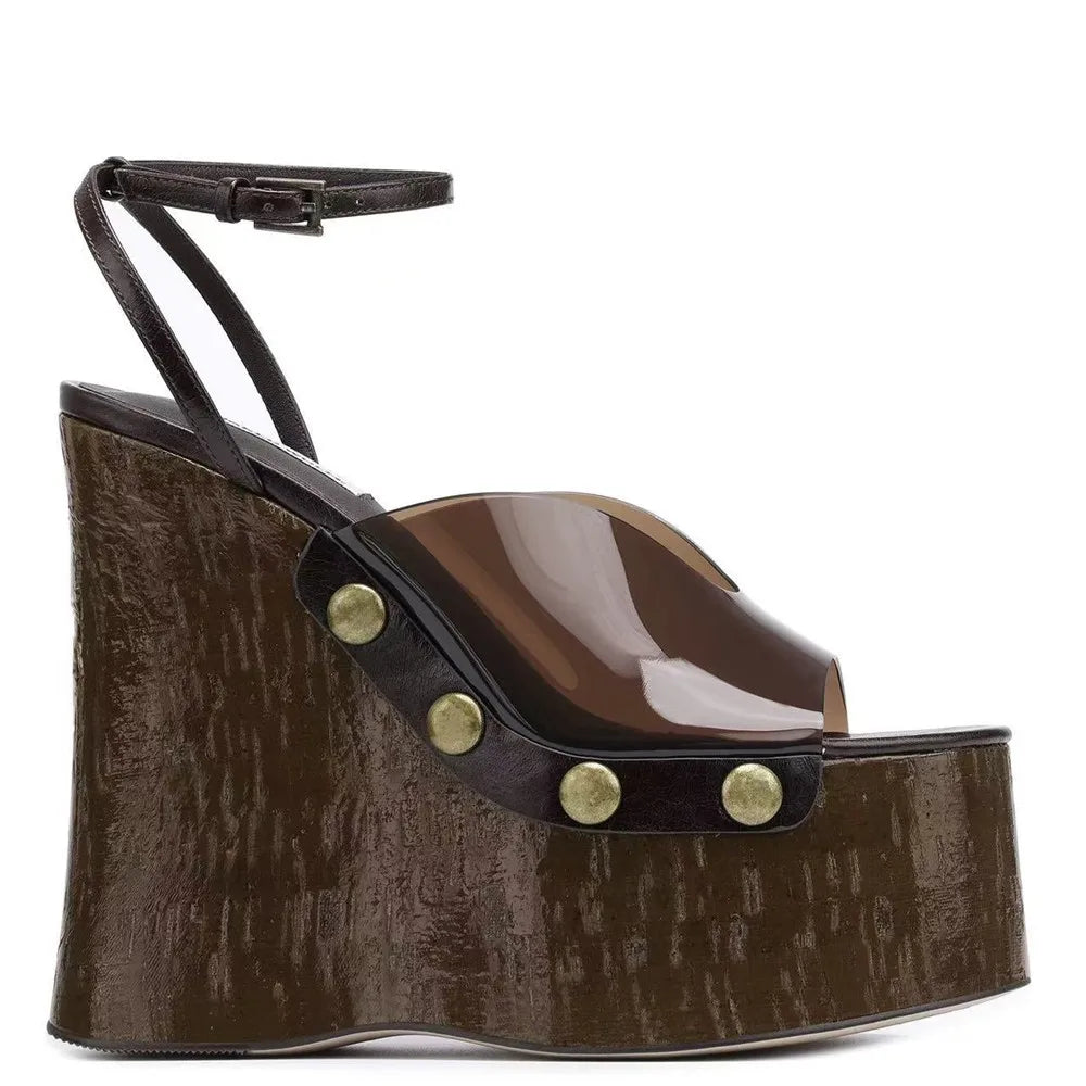 Ladies' Summer Wedge Heel Thick Soled Sandals with Wood Grain Rivets, Waterproof Platform, Thick High Heels, and Sandals