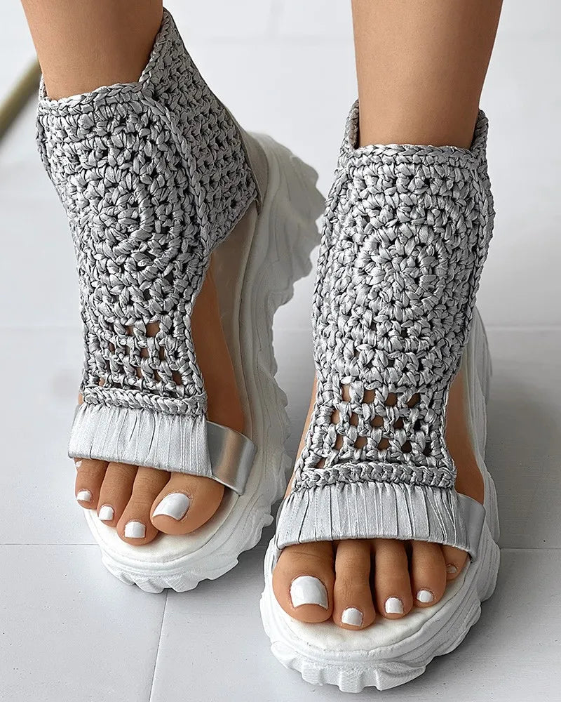 Sandals Women Braided Geometric Wedge  Knitted Elastic Summer Shoes Mesh Flat  Hollow Female Platform