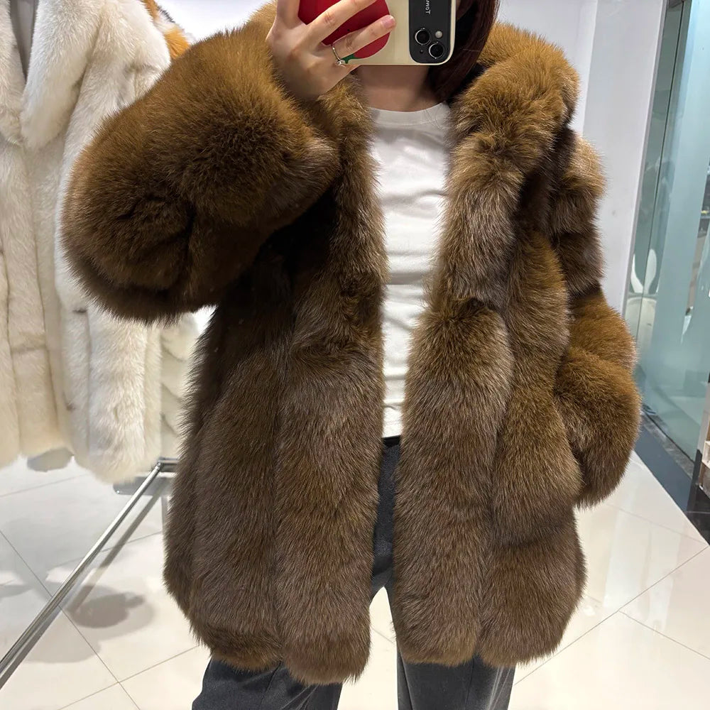 YOLOAgain Hooded Real Fox Fur Jacket Women 2025 Winter Warm Natural Fox Fur Coat Female