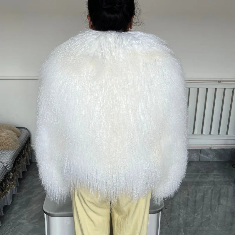 Beiziru Women's Dark Brown Mongolia Sheep Fur Jacket with Turndown Collar Stylish Warm Outerwear