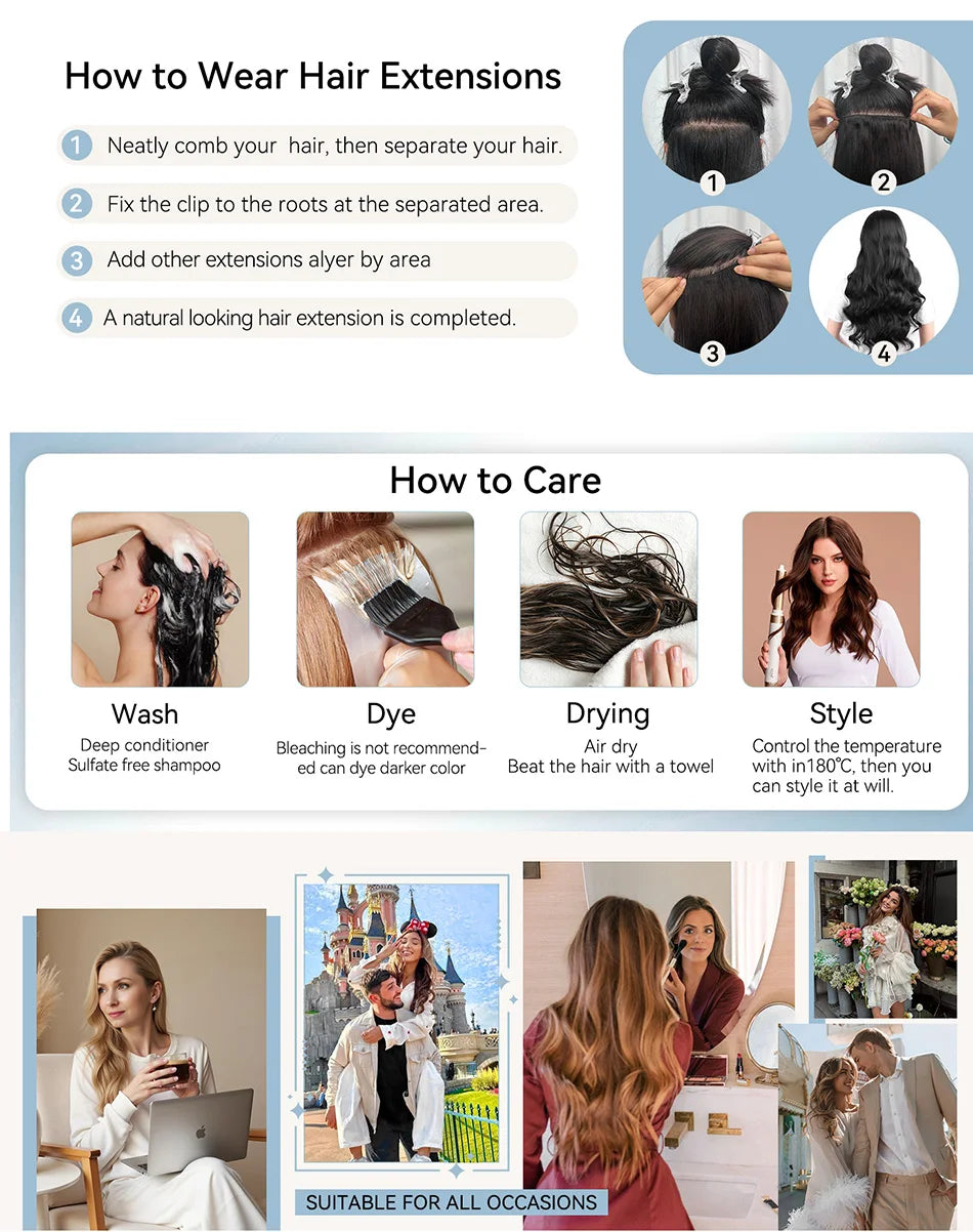 120g Double Drawn Clip in Human Hair Extensions with Thick Ends, Remy Hair Cuticle-Aligned No Tangle, 12+ Month with Proper Care