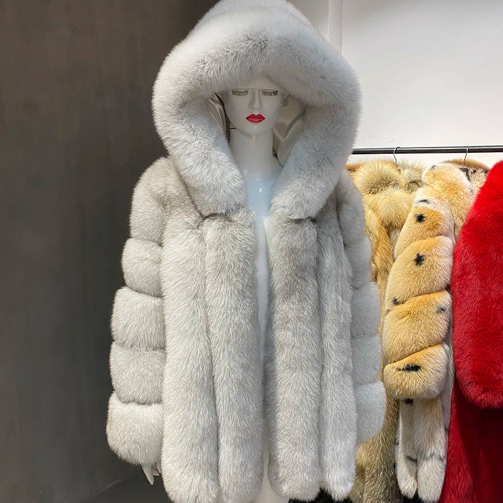 YOLOAgain Hooded Real Fox Fur Jacket Women 2025 Winter Warm Natural Fox Fur Coat Female