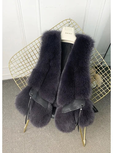 MPPM  New Women Fox Fur Vest Fashion Winter Genuine Fox Waistcoats Gilets V-neck Autumn Lady's Jackets Coats Top Quality Luxury