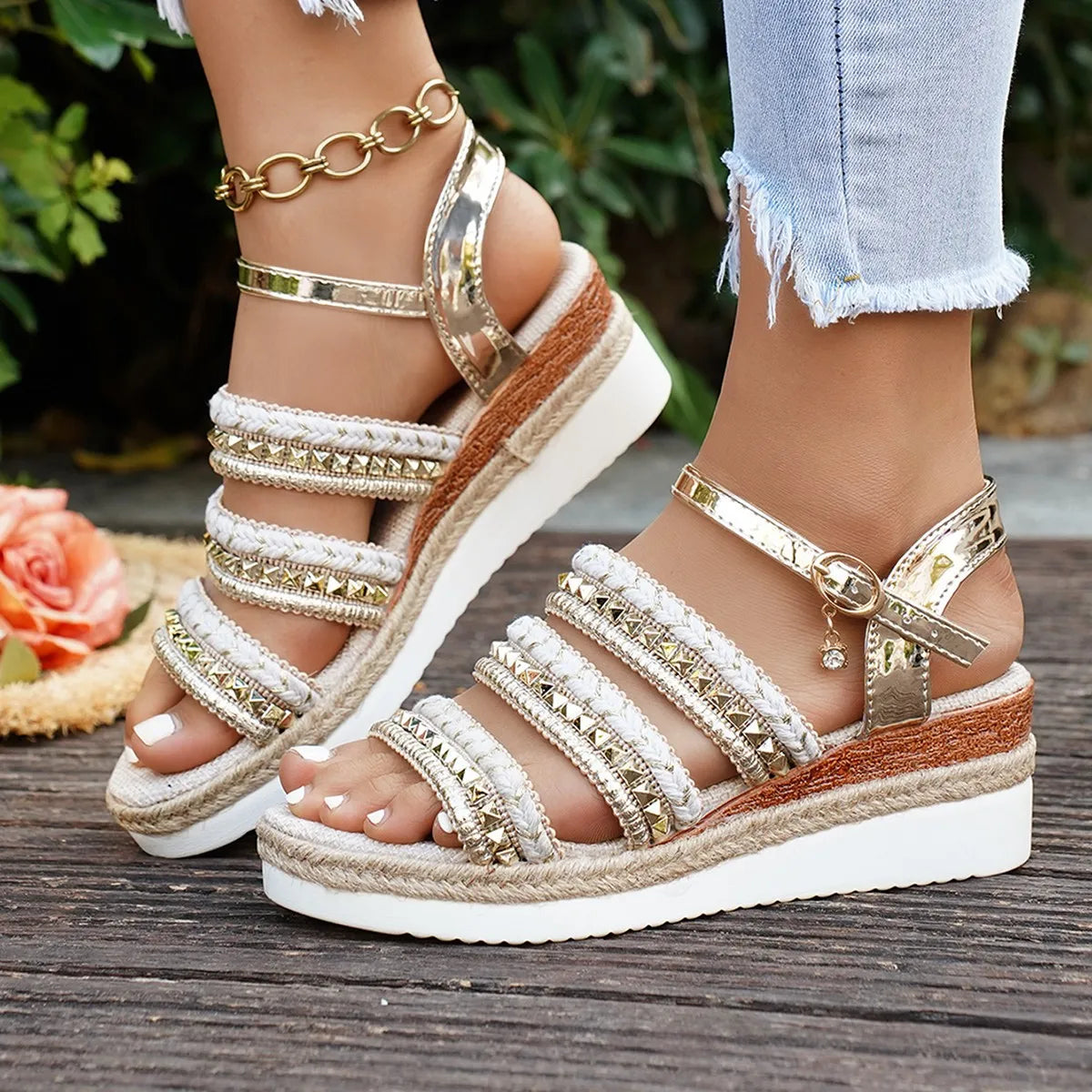 Women's Sandals Fashion Wedge Platform Sandals Luxury Golden Leather Sandals for Women Casual Beach Shoes Sandalias De Mujer