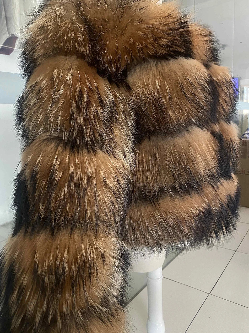Winter Real Fur Women Raccoon Natural Fur Coat Silver Fox Long Vest Warm Luxury Jacket Parkas With Leather Fur Clothe For Female