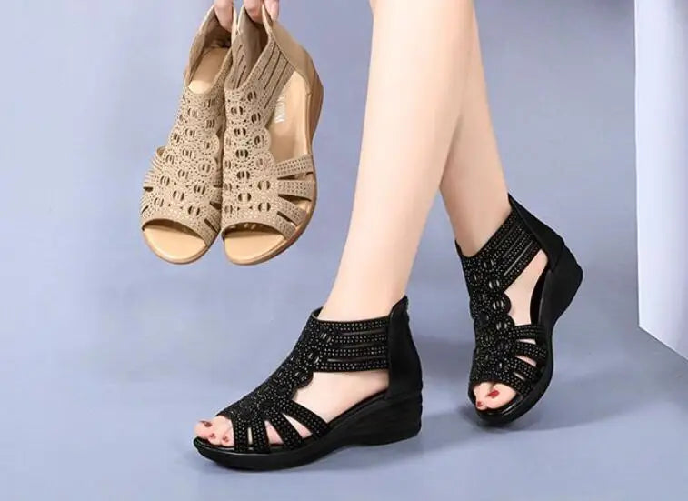 Sandal Woman Wedge Orthopedic Sandals for Women Black Shoe Elegant Brands Platform Roman Medium Heel Summer New 2025 Heels Shoes