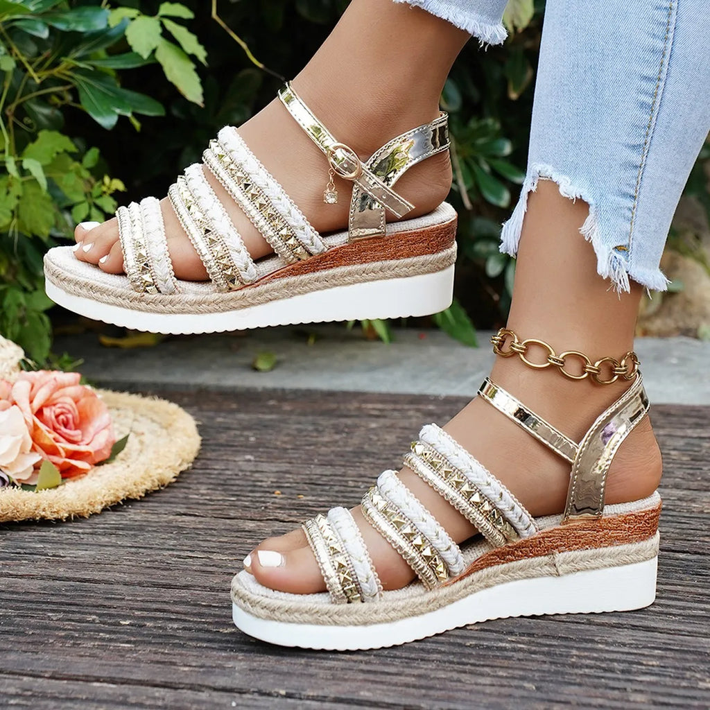 Women's Sandals Fashion Wedge Platform Sandals Luxury Golden Leather Sandals for Women Casual Beach Shoes Sandalias De Mujer