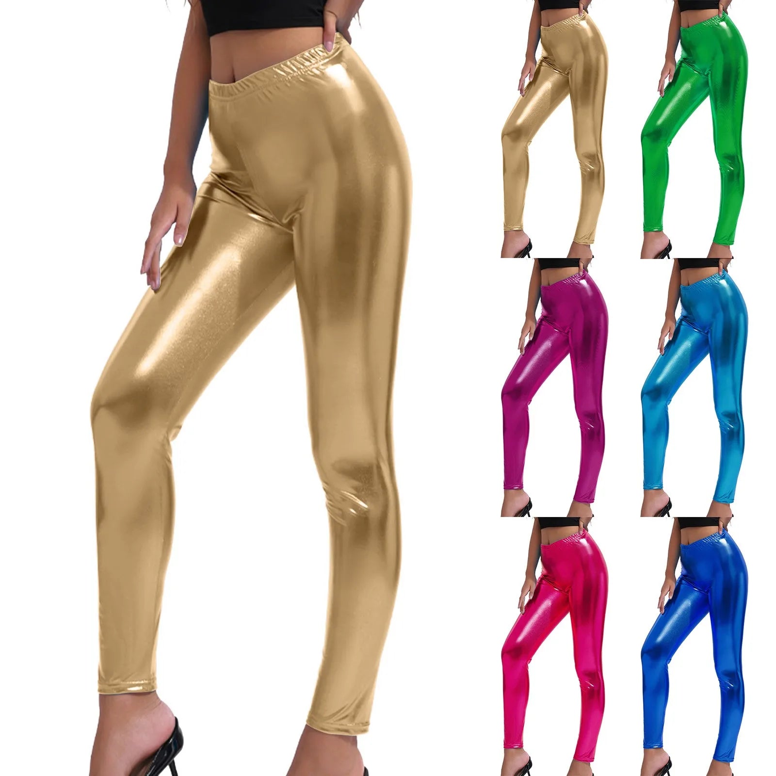 Women's Stretchy Faux Leather Leggings Sexy Metallic Color Wetlook High Waisted Tights Leggongs Slim Fit Clubwear Summer Pants