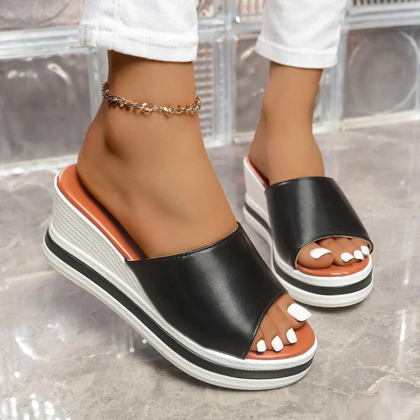 Women Sandals 2025 Retro Wedge Sandals Fish Mouth High Heels Shoes Women Thick Bottom Large Size Women Shoes Zapatos De Mujer