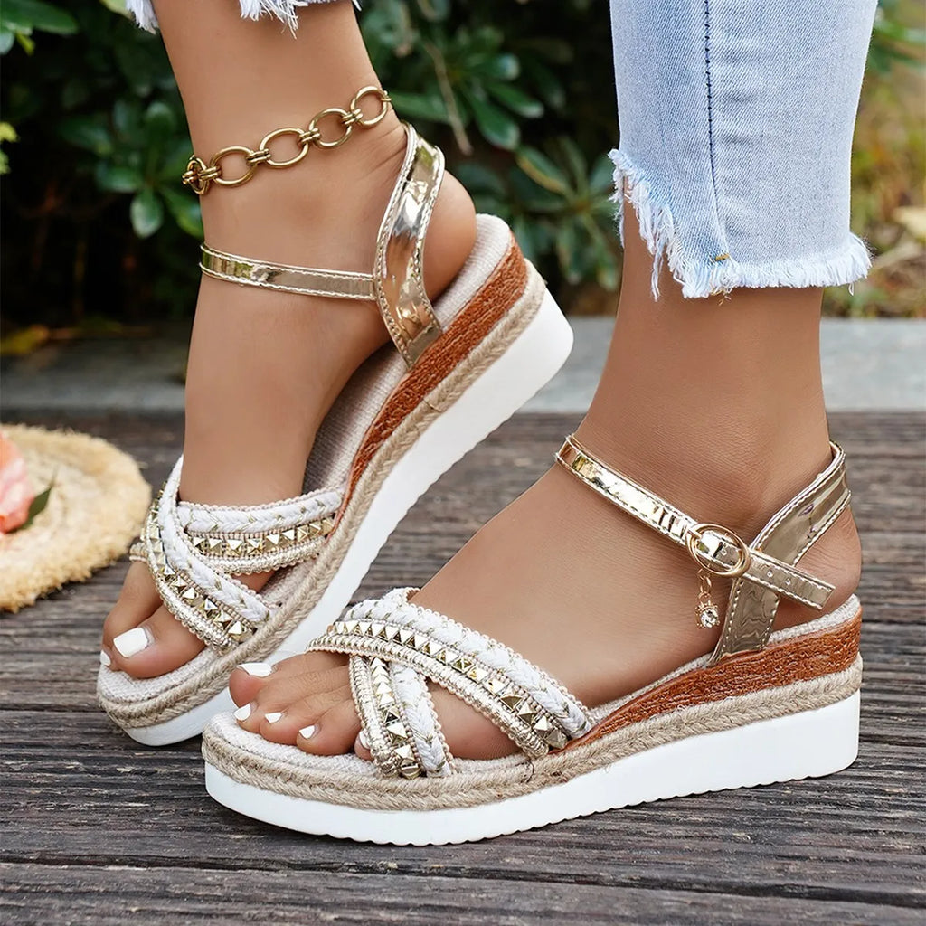 Women's Sandals Fashion Wedge Platform Sandals Luxury Golden Leather Sandals for Women Casual Beach Shoes Sandalias De Mujer