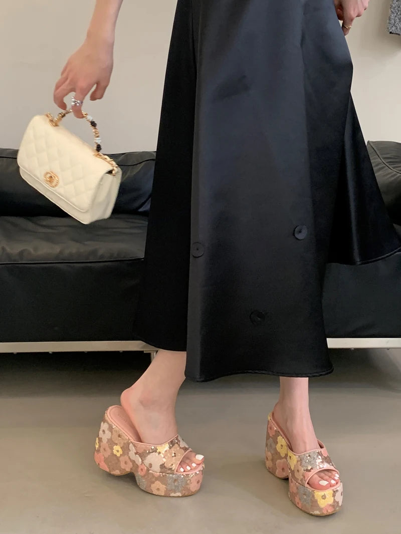13cm Black Wedge Sandals Women Pink Flower Print Platform High Heels Slippers Summer Ladies Shoes Silver 13CM Heeled Sandals
