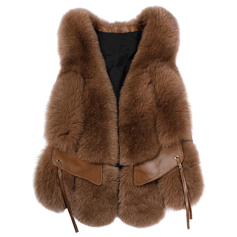 MPPM  New Women Fox Fur Vest Fashion Winter Genuine Fox Waistcoats Gilets V-neck Autumn Lady's Jackets Coats Top Quality Luxury