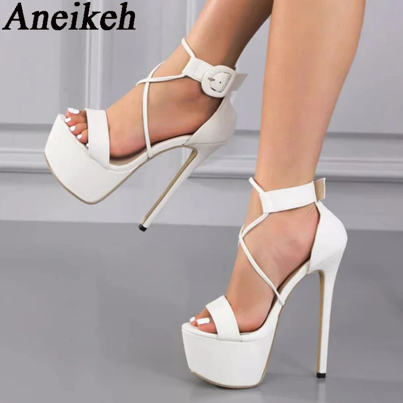 Aneikeh 2025 Sexy High Heel Women Shoes Open Toe PU Solid Ankle Buckle Strap Platform Sandals Ladies Nightclub Party Dress Pumps