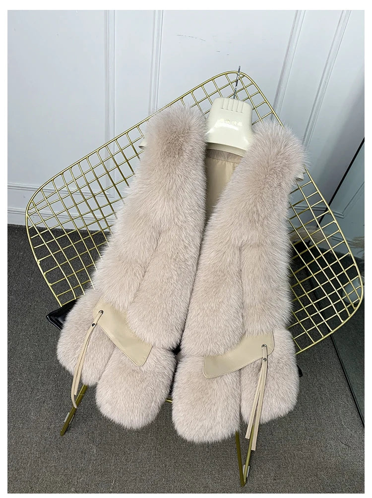 MPPM  New Women Fox Fur Vest Fashion Winter Genuine Fox Waistcoats Gilets V-neck Autumn Lady's Jackets Coats Top Quality Luxury