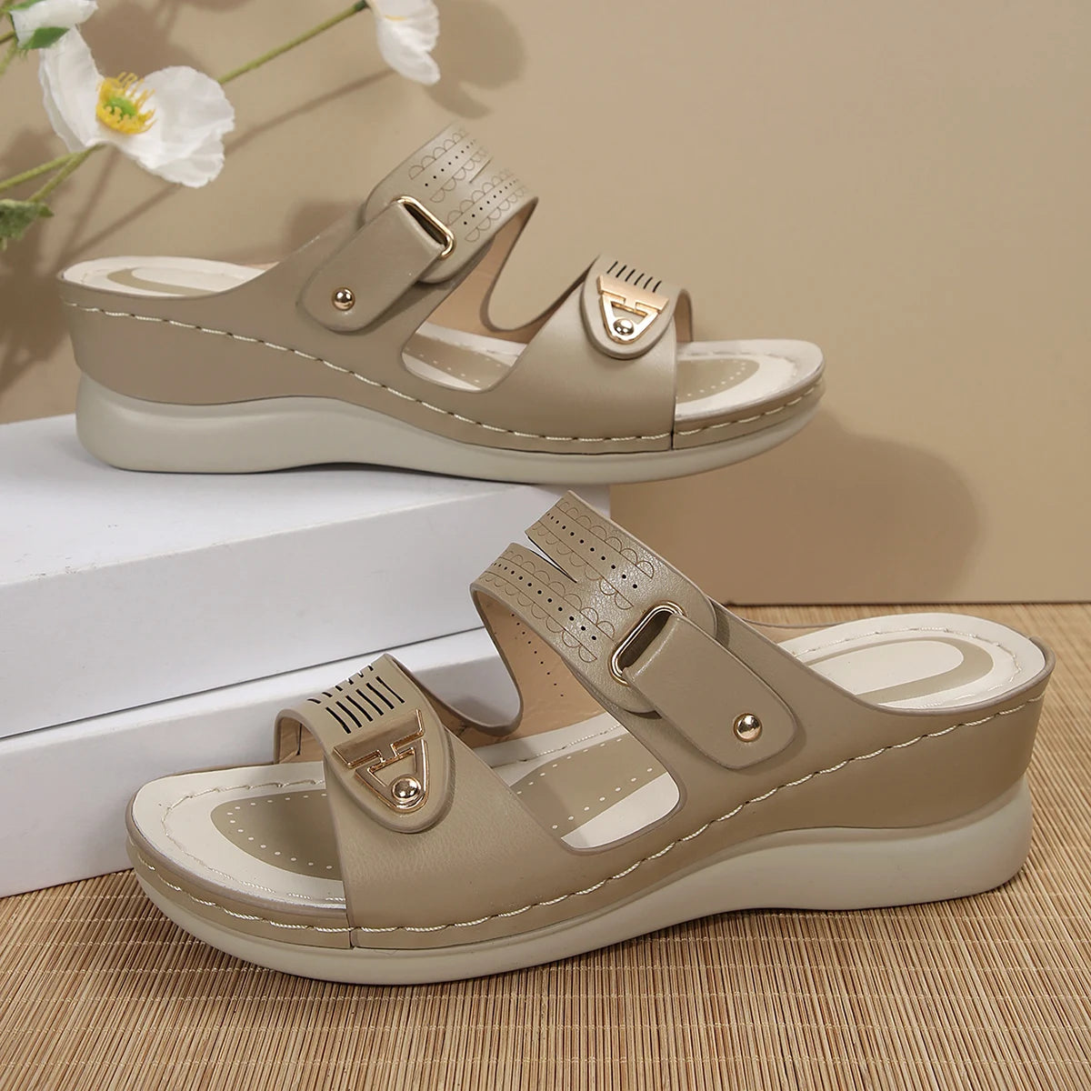 Women's Wedge Sandals Perforated Design with Metal Buckle Accent Comfort Cushioned Insole Non-Slip Sole Summer Casual Daily Wear
