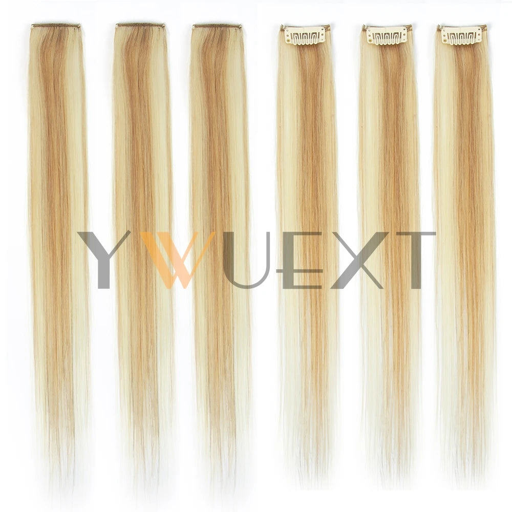YWUEXT 6PCS Mini Clip in Human Hair Pad 1clip on Machine Weft Hair Extensions 12"-16" Natural Straight Clip Hair Piece 30g/pack