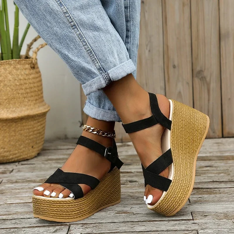 Fashion Wedge Sandals for Women Summer 2025 New Casual Non-slip Peep Toe Platform Shoes Rubber Sole Buckle Elegant Heels Women