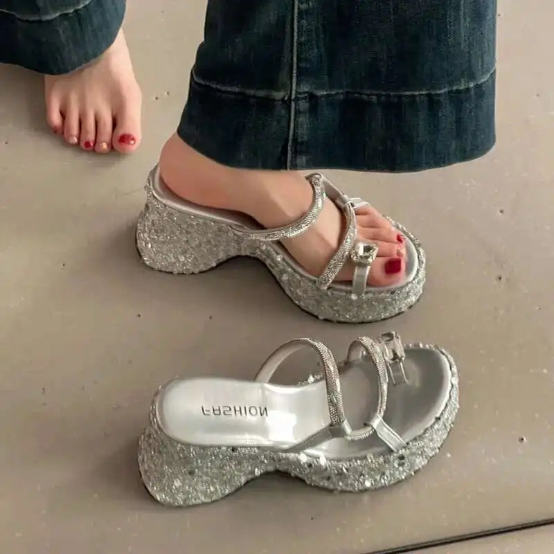Women's Wedge Sandals Thick-soled Flip-flops Shiny Sequined Ladeis High Heels Rhinestone Home Outdoors Slippers
