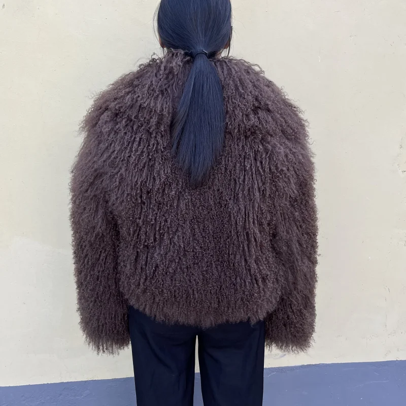 Beiziru Women's Dark Brown Mongolia Sheep Fur Jacket with Turndown Collar Stylish Warm Outerwear
